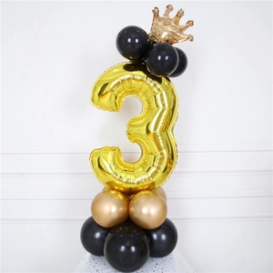 32-inch gold number 3 balloon column with crown and black gold latex base
