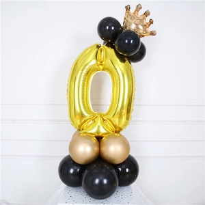 32-inch gold number 0 balloon column with crown and black and gold latex base for parties