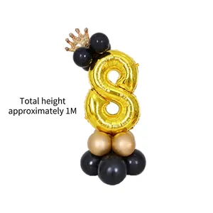 32-inch gold number 8 foil balloon column with crown and black base, 1M total height
