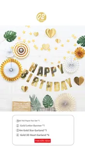 Détail du kit de décoration d'anniversaire doré avec éventails en papier et guirlandes