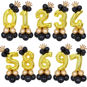 32-inch gold number balloon column with crown and black base for party decoration