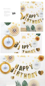 Détail de la bannière Happy Birthday dorée et éventails en papier pour décoration
