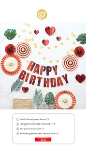 Détail de décoration de fête rouge et or avec bannière Happy Birthday et éventails