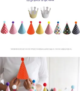 Detail of 11-piece paper party hat set with pom-poms and crowns for birthday decor