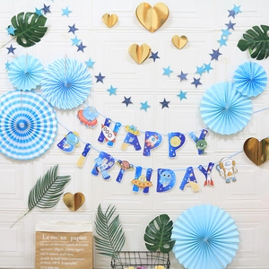 Kit de fête d'anniversaire thème espace bleu avec bannières astronaute et éventails en papier