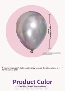 Detailed view of silver metallic latex balloon showing 14cm inflated height dimension