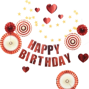 Kit de décoration d'anniversaire rouge avec bannière en aluminium et éventails en papier