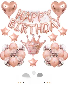 Rose gold Happy Birthday balloon set with crown and sequin latex balloons on white background