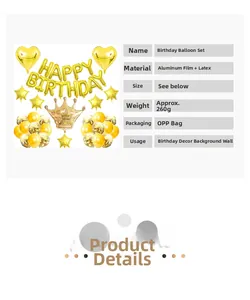 Golden Happy Birthday foil balloons kit with latex stars hearts and crown for party decor