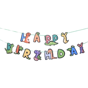 Cartoon dinosaur Happy Birthday banner with colorful T-Rex and palm tree elements