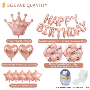 Rose gold birthday decoration set with Happy Birthday balloons and crown foil kit