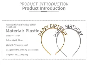 Detail showing dimensions of Happy Birthday headbands in gold and silver plated plastic