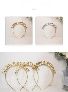 Detailed view of metallic Happy Birthday letter headbands in gold and silver plating