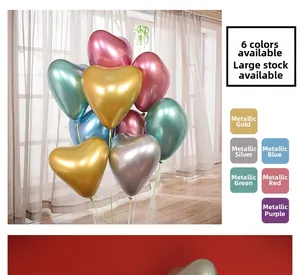 Detailed view of 6 vibrant metallic heart balloons including gold silver and blue tones