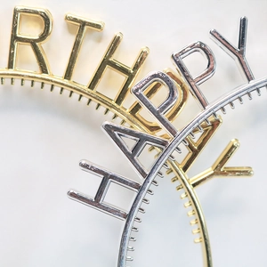 Gold and silver electroplated Happy Birthday headbands set with festive metal gloss