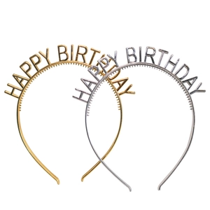 Gold and silver Happy Birthday headbands with metallic finish for party decorations