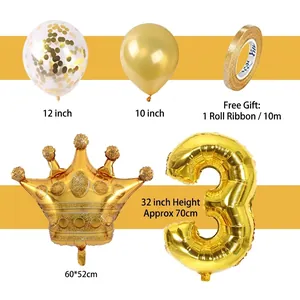 Set di palloncini corona numero 3 dorati con palloncini di coriandoli per compleanno