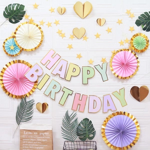 Décoration de Fête d'Anniversaire Éventails en Papier Bannière Étoile d'Or Coeur Macaron Guirlande pour Anniversaire Enfant