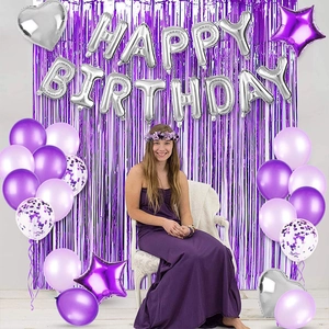 Purple and silver birthday decoration set with foil fringe curtain and happy birthday balloons