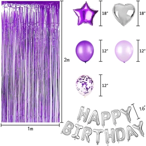 Purple birthday party decoration kit with fringe curtain, foil balloons and latex balloons