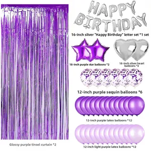 Purple tinsel curtains and assorted foil balloons kit for birthday party decorations