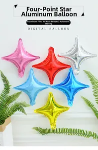 Macro view of colorful 10-inch four-pointed star foil balloons with self-sealing feature