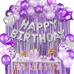 Purple Silver Birthday Party Decoration Set Happy Birthday Banner Tinsel Curtain Aluminum Foil Latex Confetti Balloons