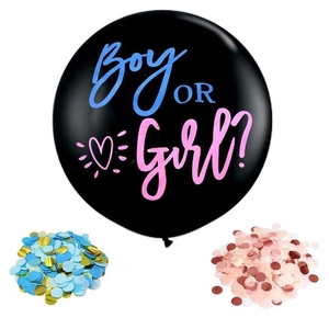Détail d'un ballon Gender Reveal 36 pouces noir avec texte Boy or Girl et confettis colorés