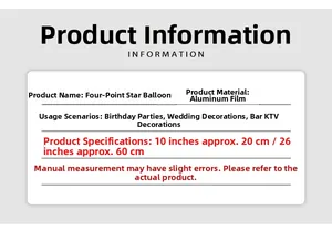 Detailed sizing specifications for 10 inch and 26 inch four-pointed star mylar balloons