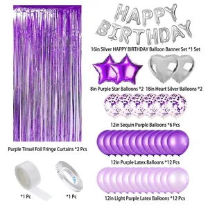 Purple and silver birthday decoration set with Happy Birthday balloons and foil curtains