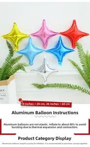 Macro detail of 10-inch four-pointed star foil balloons in assorted metallic colors