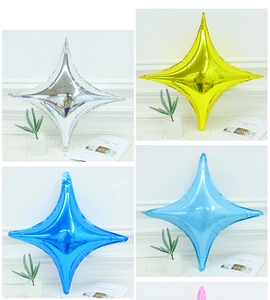 Detailed grid of four-pointed star foil balloons in silver, gold, and metallic blue