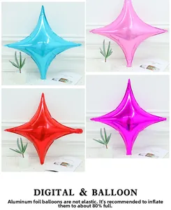 Detailed views of 10-inch four-point star foil balloons in blue, pink, red, and rose colors
