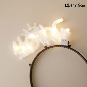 Detail showing LED birthday headband with Happy Birthday Chinese text and small crown
