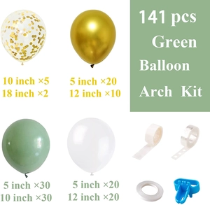 Dettaglio del kit arco di 141 palloncini verde salvia e oro con dimensioni e quantità