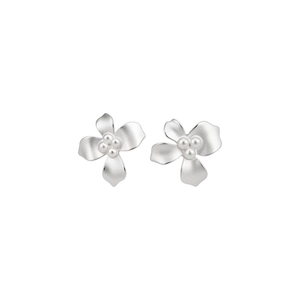 Elegant matte silver flower stud earrings featuring delicate pearl centers for women