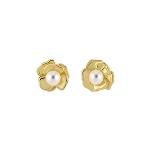 Elegant gold flower stud earrings with central pearl on white background