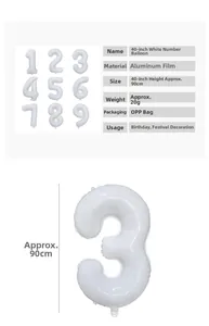 Detail view of 40-inch creamy white foil number balloon showing size and 90cm height specs