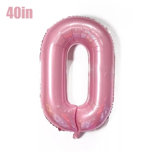Macro detail of a 40-inch light pink number 0 foil balloon with a shiny metallic finish