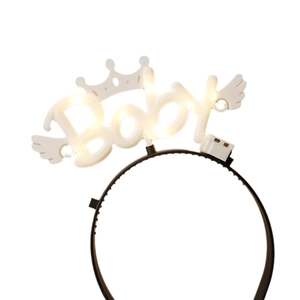 LED light-up birthday headband with white baby letters crown and feather accents
