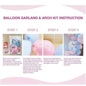Assembly guide for macaron balloon arch kit featuring setup steps and included accessories