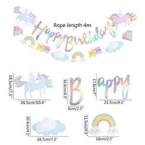 Unicorn happy birthday banner specs with 4m rope, rainbow letters, and cloud motifs