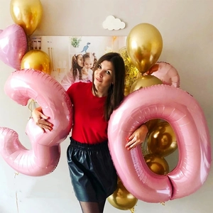 Pink number 30 foil balloons set for birthday party decorations with gold accents