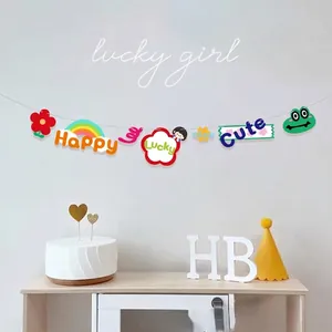 Cartoon birthday party banner with rainbow and flower patterns for kids room decoration
