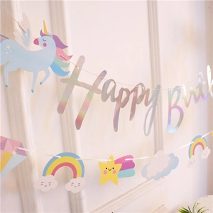 Pastel unicorn Happy Birthday banner set with rainbow and cloud party decorations