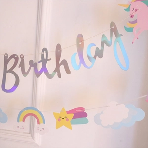 Holographic cartoon unicorn birthday banner with rainbow and cloud party decorations