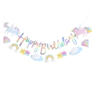 Macro view of Happy Birthday unicorn banner with pastel rainbow stars and clouds decorations