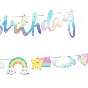Rainbow unicorn happy birthday banner with holographic glitter elements for party decor