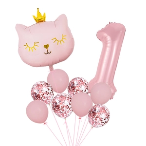 Pink cat crown balloon set with number one and sequins for a first birthday party decor