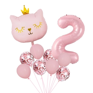 Pink cat balloons set with number 2 and golden crown for girl 2nd birthday party decoration